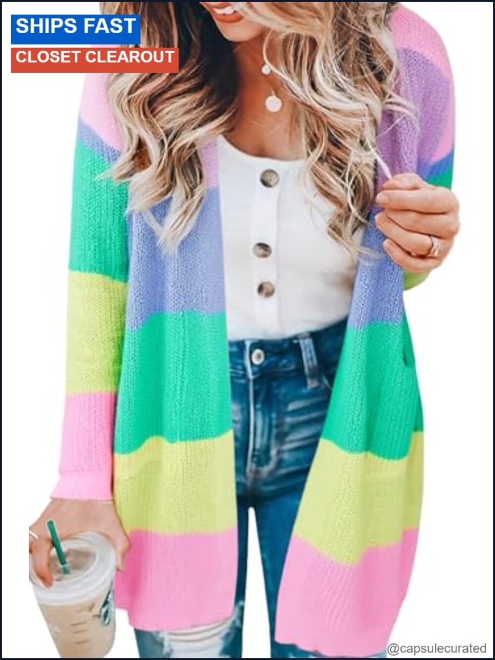 Striped Long Knit Cardigan Sweater with Pockets for Women